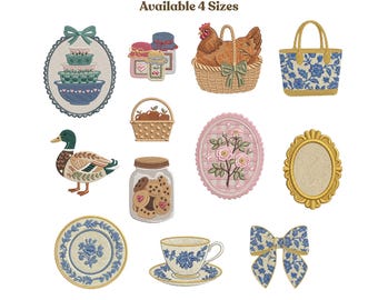 Set 12 Vintage Inspired Grandma Core Bundle Embroidery Design, Hen In Nest Embroidery File, Cottage Core Pes File, Thrifted Decore Pes