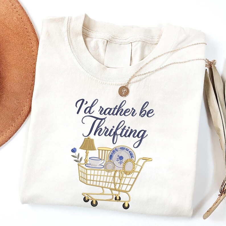 I’d Rather Be Thrifting Embroidery Design, Blue And Gold Vintage Embroidery File, Thrift Aesthetic Digital File, Instant Download, 4 Size image 2
