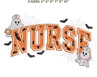 Halloween Nurse Applique Embroidery Design, Spooky Ghost Nurse Machine File, Medical Varsity Letter Spooky Season Instant Download Pes
