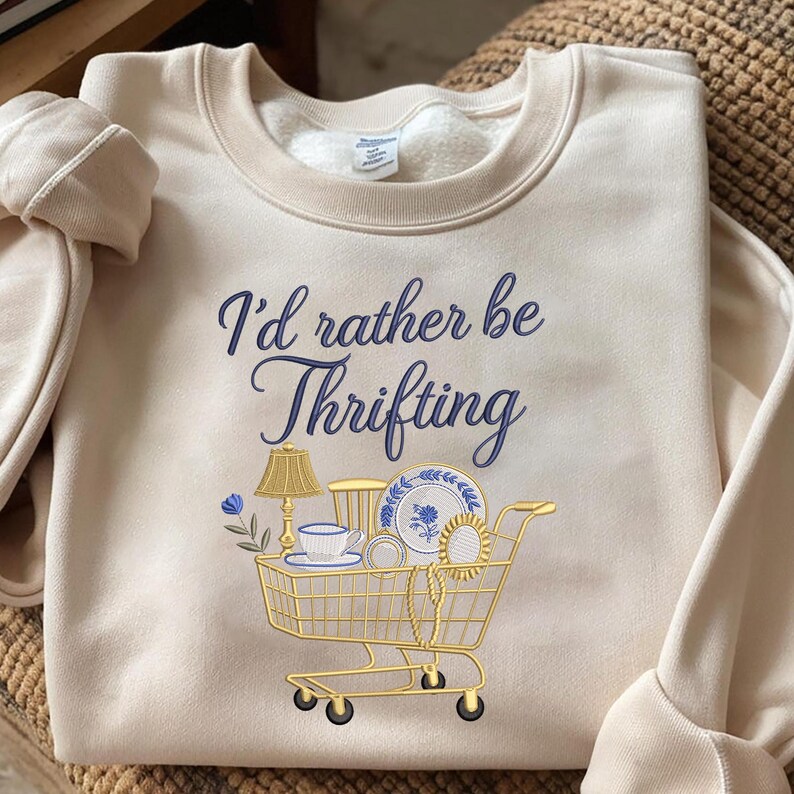 I’d Rather Be Thrifting Embroidery Design, Blue And Gold Vintage Embroidery File, Thrift Aesthetic Digital File, Instant Download, 4 Size image 5