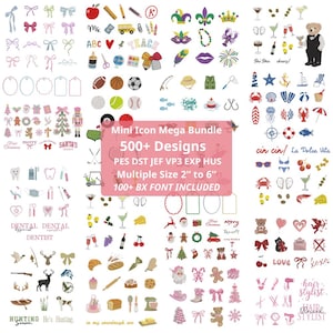 Puede incluir: Una colección digital de más de 500 diseños de bordado titulada Mini Icon Mega Bundle, que incluye varios temas como festividades, deportes, comida y animales. El texto especifica los formatos PES, DST, JEF, VP3, EXP, HUS y tamaños de 5 a 15 cm.