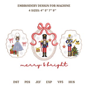 Puede incluir: Diseño de bordado a máquina con tres marcos ovalados que muestran una bailarina, un cascanueces y un ratón soldado. Incluye motivos navideños, regalos, un árbol y el texto "merry & bright". Disponible en 4 tamaños: 4", 5", 7", 9". Formatos: DST, PES, JEF, EXP, VP3, HUS.