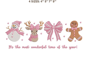 Coquette Christmas Embroidery Design | Pink Pastel Holiday Sweatshirt | Snowman Reindeer Gingerbread Bow | PES JEF VP3