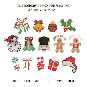 May include: A digital embroidery design set for machines featuring Christmas icons including mistletoe, bells, a bauble, holly, Santa, a tree, a nutcracker, gingerbread people with text, snowflakes, bows, a candy cane, a gift, and a Santa hat in 4 sizes: 4", 5", 7", 9".