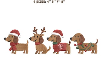 Cute Christmas Dachshund Machine Embroidery Design - 4 Sizes PES JEF Formats | Holiday Wiener Dog Reindeer Lights Pattern
