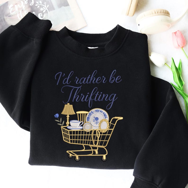 I’d Rather Be Thrifting Embroidery Design, Blue And Gold Vintage Embroidery File, Thrift Aesthetic Digital File, Instant Download, 4 Size image 4