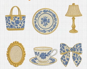 Diseño de bordado "Prefiero ir de compras de segunda mano", archivo de bordado vintage azul y dorado, archivo digital con estética de segunda mano, descarga instantánea, 4 tamaños