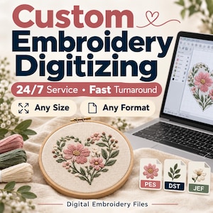 Puede incluir: Servicio de digitalización de bordados personalizados con disponibilidad 24/7 y entrega rápida. Incluye un bastidor de madera con un diseño de corazón floral, una computadora portátil con software y archivos etiquetados PES, DST y JEF.