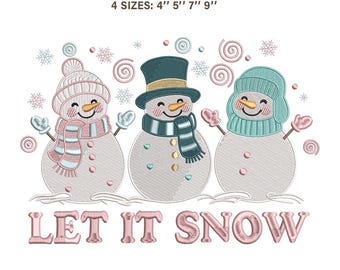 Let It Snow Embroidery Design | Cute Snowmen Winter Holiday Pattern | Pastel Christmas Stitch File | PES JEF VP3