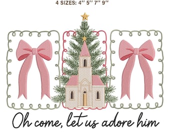 Oh Come Let Us Adore Him Embroidery Design | Coquette Christmas Church Pink Bow | Winter Pine Tree Sweatshirt File PES JEF VP3