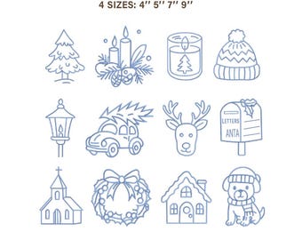 Line Art Christmas Pattern Bundle, Winter Holiday Outline Car Tree Church Reindeer, Minimal Xmas Pes Dst Jef Vp3