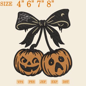 Embroidered Halloween Cherries Pumpkin Digital File, Pumpkin Season Embroidery Design, Halloween Pumpkins With Bow Embroidery Design, Fall