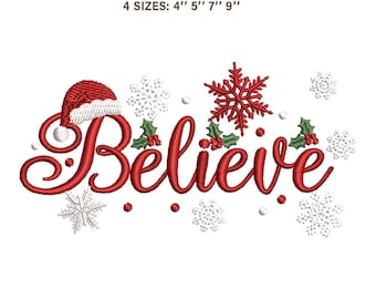Christmas Believe Embroidery Design | Santa Hat Holiday Quote Digital File | Large Snowflake Winter Typography Sweatshirt PES JEF VP3