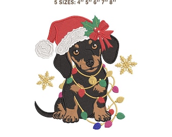 Christmas Dachshund Embroidery Design, Wiener Dog with Santa Hat and Lights Machine File, Holiday Doxie Puppy Instant Download Pes