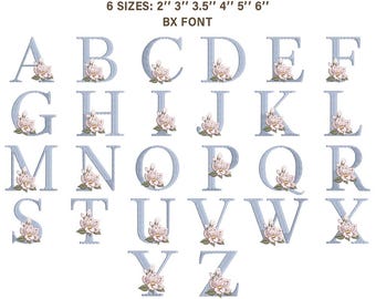 Magnolia Floral Alphabet Embroidery Font | Blue Letter Monogram with Pink Flower | BX Font Included | PES JEF VP3
