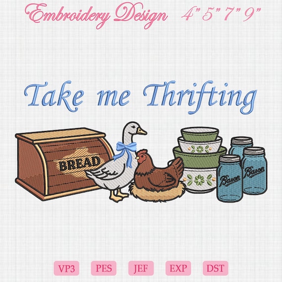 Take Me Thrifting Embroidery Design, Grandma Core Embroidery, Thrift Aesthetic, Cottage Core, Farmhouse, Hen on Nest, Instant Download