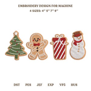 Op de afbeelding: Borduurontwerp voor machine met vier kersticonen: een groene boom, een peperkoekfiguur, een rood-wit gestreept cadeau en een sneeuwpop. Tekst: EMBROIDERY DESIGN FOR MACHINE, 4 SIZES: 4" 5" 7" 9", en bestandsformaten: DST, PES, JEF, EXP, VP3, HUS.