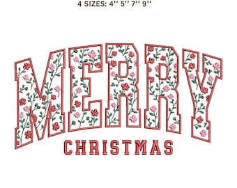 Merry Christmas Floral Varsity Embroidery Design | Vintage Flower Arch Lettering | Holiday Sweatshirt Stitch File | PES JEF VP3