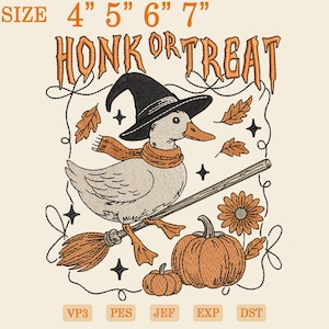 Bestickte Halloween Enten Hexe Stickdatei, Honk Oder Trick Gans Stickdatei, Gans in Kostümen mit Kürbis Maschinendatei