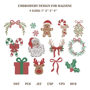 以下が含まれることがあります： 刺繍ミシン用デザイン。テキスト「EMBROIDERY DESIGN FOR MACHINE 4 SIZES: 1" 2" 3" 4"」が含まれています。ジンジャーブレッドマン、サンタクロース、トナカイ、キャンディケイン、ギフトボックス、ヤドリギ、リース、雪の結晶、赤いリボンのアイコンが様々な色で描かれています。