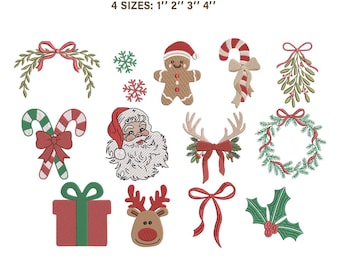 Mini Christmas Embroidery Design Bundle | Santa Reindeer Gingerbread Candy Cane Machine Files | Classic Holiday Icon 4 Sizes | PES JEF