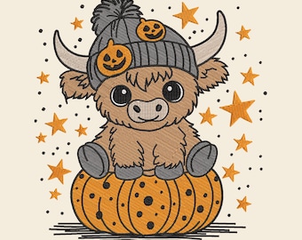 Embroidery Halloween Highland Cow Design File, Moo I Mean Boo Embroidered File, Funny Fall Pumpkin Cow, Cute Highland Cow, Trick Or Treat