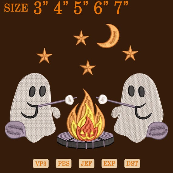 Embroidered Cute Ghosts Camping Digital File, Spooky Season Halloween Embroidery Design, Halloween Machine Embroidery Design,Fall Embroidery