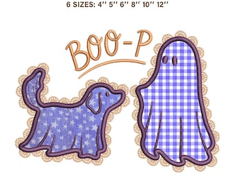 Retro Boo-P Dog And Ghost Applique | Vintage Lace Border Halloween Pattern | PES JEF VP3