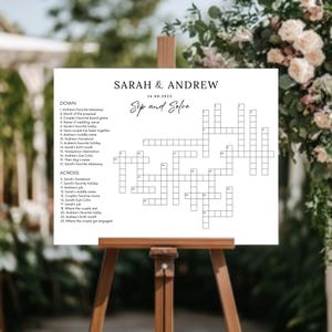 Puede incluir: Un crucigrama en blanco y negro con el título "Sip and Solve" y los nombres "Sarah & Andrew" y la fecha "14.09.2025".