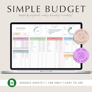 May include: A laptop screen showing a "Simple Budget" spreadsheet. The budget template includes sections for income, bills, and expenses, with charts and tables. The text "Choose Any Currency" and "Set Any Date Range" are also visible on the screen.