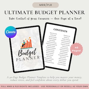 May include: A digital budget planner template with the text "ULTIMATE BUDGET PLANNER" and "Budget PLANNER". The planner includes a table of contents and is 40 pages long. The template is designed to help users manage their finances.