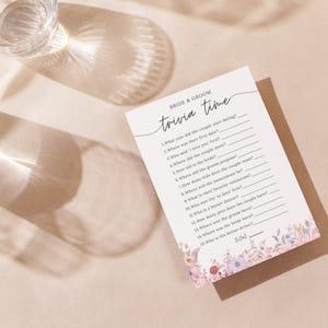 Plantilla de trivia para novios, juego de recepción floral de boda, juegos de despedida de soltera, descarga digital, juego de trivia editable