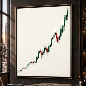May include: A framed wall art piece featuring a financial stock market candlestick chart on a white background. The chart displays a series of green and red vertical bars arranged in an upward trend, indicating rising market values.