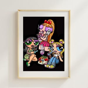 Grown Up Powerpuff Girls Stoner Art Print | Tattooed Cute Girls Smoking Weed | Feminine Bong Pipe Joint Wall Decor Download