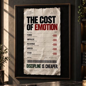 Può includere: Una stampa artistica incorniciata con il design di una ricevuta intitolata The Cost of Emotion. Il testo elenca emozioni di trading come FOMO, Impulse, Revenge, Greed e Fear con segni di dollaro negativi. Include un codice a barre e il testo Discipline is Cheaper.