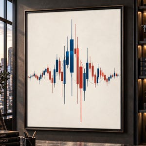Può includere: Un'opera d'arte da parete quadrata incorniciata che presenta un grafico finanziario a candele. Il design mostra una serie di barre verticali blu e rosse di altezze variabili disposte in un motivo a onda simmetrico su uno sfondo color crema chiaro.