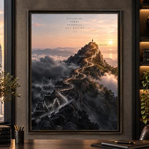 Peut inclure: Une affiche encadrée représentant un paysage de montagne au coucher du soleil avec un sentier sinueux menant au sommet. Le texte indique : DISCIPLINE TURNS POTENTIAL INTO REALITY, avec des étiquettes : CONFUSION, DOUBT, MISTAKES, LESSONS, DISCIPLINE, PROGRESS, FREEDOM.