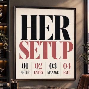May include: A framed wall art print featuring the text HER SETUP in large black and muted red letters. Below, four numbered sections labeled 01 SETUP, 02 ENTRY, 03 MANAGE, and 04 EXIT are displayed in a grid format with black and red typography on a cream background.