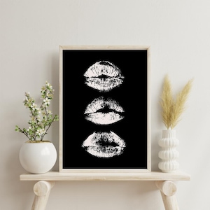 Minimalist Lip Print Wall Art - Black & White Lipstick Kiss Marks - Printable Digital Decor