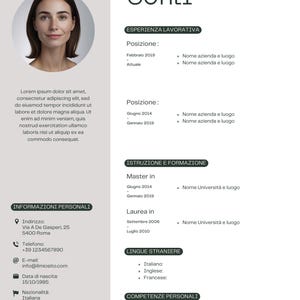 Puede incluir: Un currículum vitae para Giulia Conti, con una foto, información de contacto, experiencia laboral, educación, habilidades lingüísticas y habilidades personales.