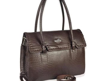 Borsa tote in pelle stampa coccodrillo marrone
