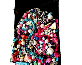 OOAK Mixed Media Shoulder Bag - Hand-Embellished Black Canvas Purse - Avant-Garde Boho Crossbody - Unique Art To Wear Bag