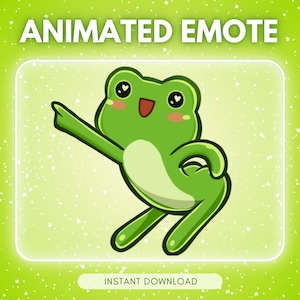 Puede incluir: Una rana verde de dibujos animados con una expresión feliz, señalando con un brazo y bailando. La imagen tiene el texto "ANIMATED EMOTE" en la parte superior y "INSTANT DOWNLOAD" en la inferior, sobre un fondo verde claro.