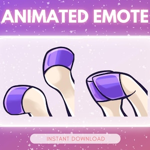 Op de afbeelding: Geanimeerde emote-afbeelding met een paars en wit ontwerp. De afbeelding toont drie gestileerde handgebaren met paarse nagellak. De tekst "ANIMATED EMOTE" staat bovenaan en "INSTANT DOWNLOAD" onderaan.