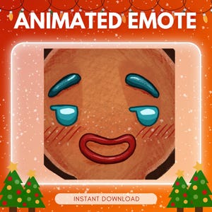 Puede incluir: Emoticono animado con una cara de hombre de jengibre. La cara tiene ojos azules, boca roja y mejillas sonrojadas. El texto "ANIMATED EMOTE" está en la parte superior y "INSTANT DOWNLOAD" en la inferior. El fondo es naranja con luces y árboles navideños.