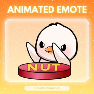 May include: A digital illustration of a white cartoon bird with an orange beak and angry expression, positioned behind a round red button with the yellow text NUT printed on it. The background is orange with white speckles and text.