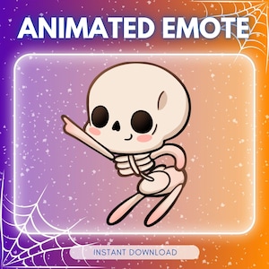 May include: Animated emote of a cartoon skeleton with a light beige skull and bones, black eyes, and pink cheeks. The skeleton is pointing with its left arm. The background is purple and orange with the text "ANIMATED EMOTE" and "INSTANT DOWNLOAD".
