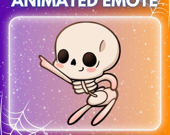 May include: Animated emote featuring a cartoon skeleton with a light beige skull and bones, black eyes, and pink cheeks. The skeleton is pointing with its left arm. The background is purple and orange with the text "ANIMATED EMOTE" and "INSTANT DOWNLOAD".