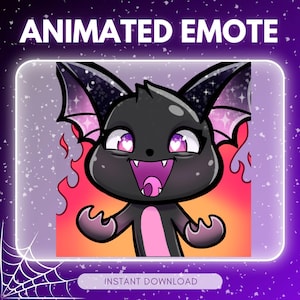 Puede incluir: Emoticón animado con un murciélago de dibujos animados con cuerpo negro, detalles rosas y ojos en forma de corazón. El murciélago tiene la boca abierta y está rodeado de llamas. Se muestra el texto "ANIMATED EMOTE" y "INSTANT DOWNLOAD".