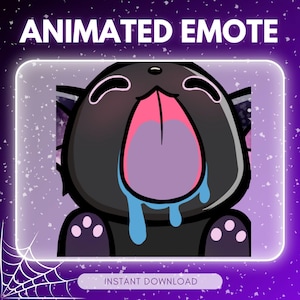 Puede incluir: Emoticón animado con un gato de dibujos animados con la boca muy abierta y una lengua larga. El gato es negro con detalles en rosa, morado y azul. El texto "ANIMATED EMOTE" está en la parte superior y "INSTANT DOWNLOAD" en la inferior.